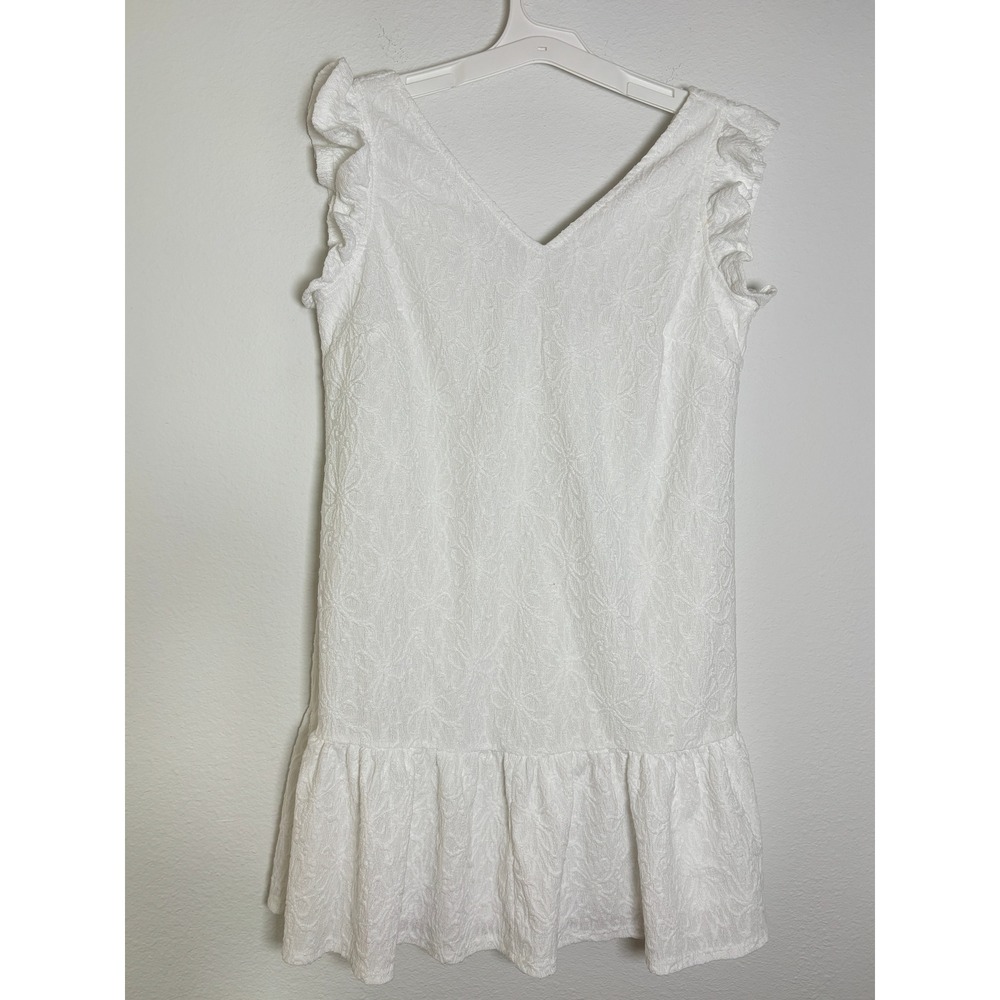 Cato White Floral Jacquard‎ Ruffle Sleeve Tie Back Shift Dress Small